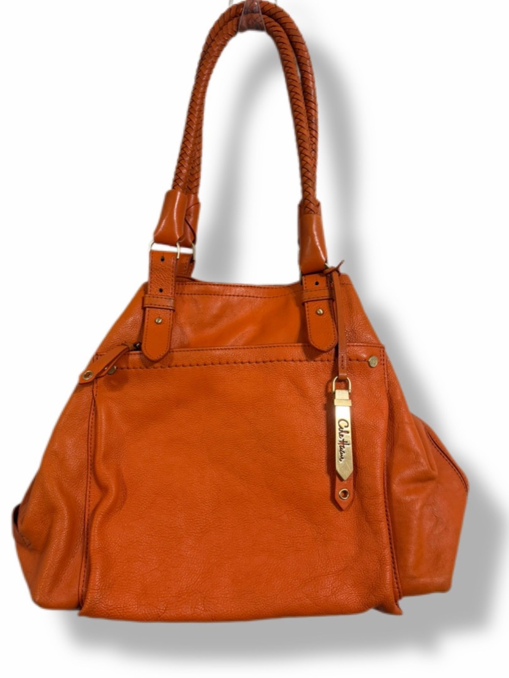 Cole Haan Village Denny Orange Pebbled Leather Hobo Satchel Braided Handles